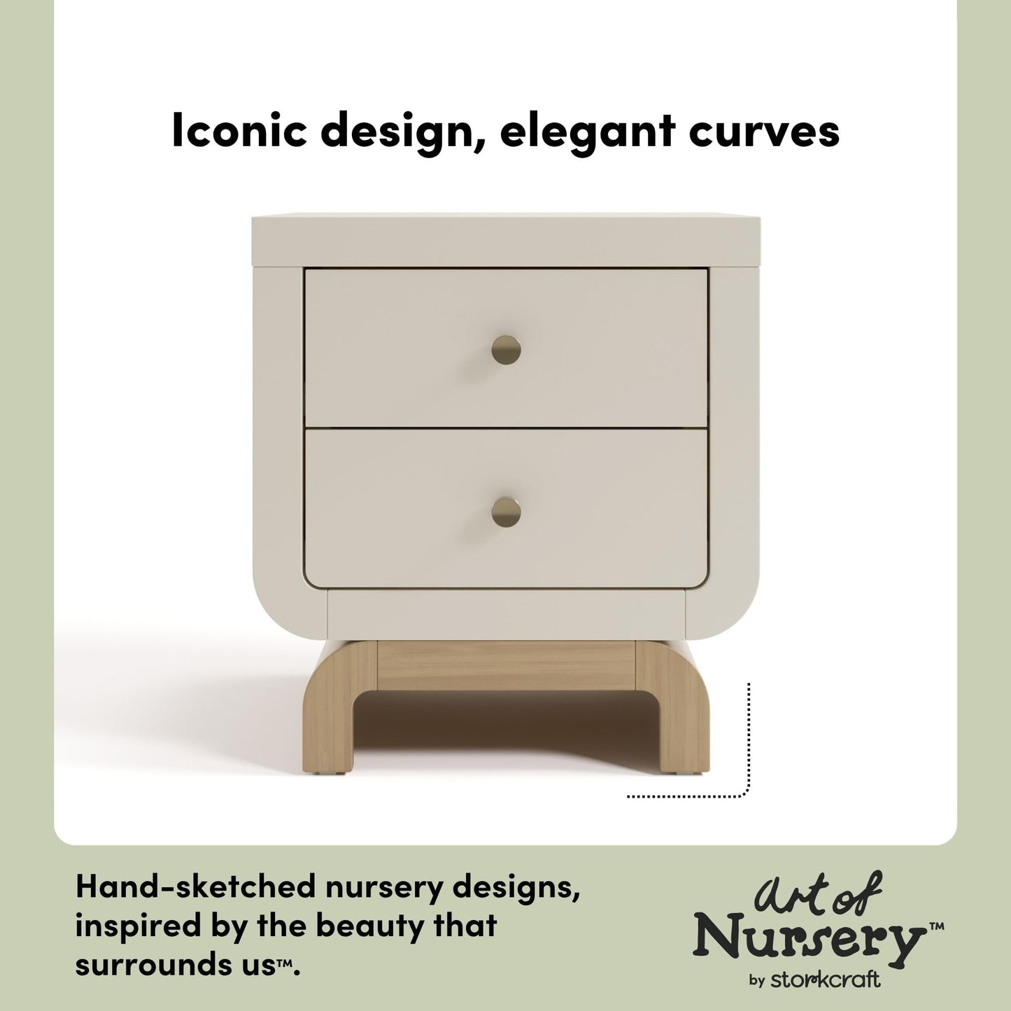 Storkcraft Santorini 2 Drawer Nightstand (Frosted Oat & Driftwood) - GREENGUARD Gold Certified Nightstand for Kids Bedroom, Premium Wood with Curved Base, “Champagne” Metal Knobs