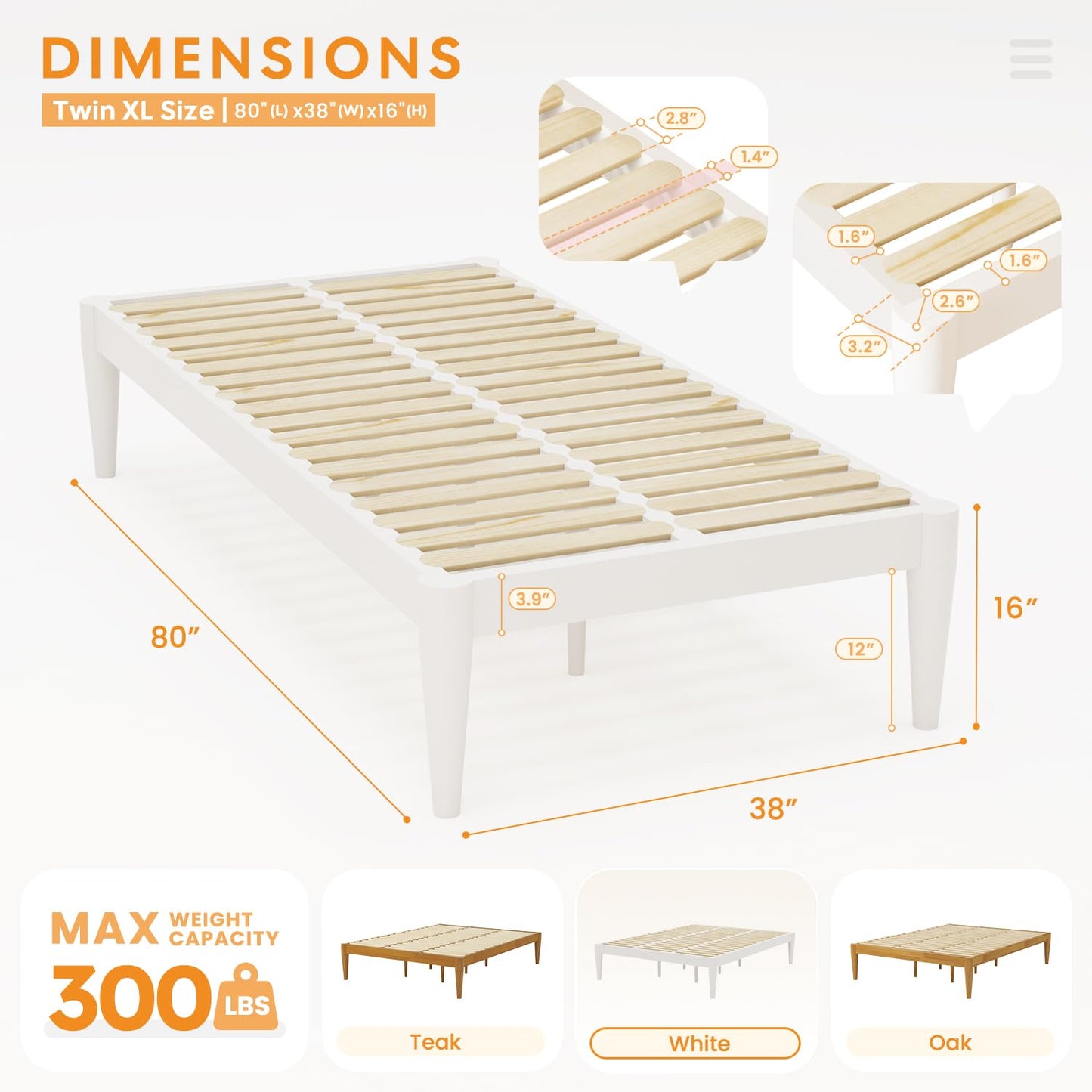 IOTXY Twin-XL Platform Bed Frame - 16" Wood Mattress Foundation Base, White