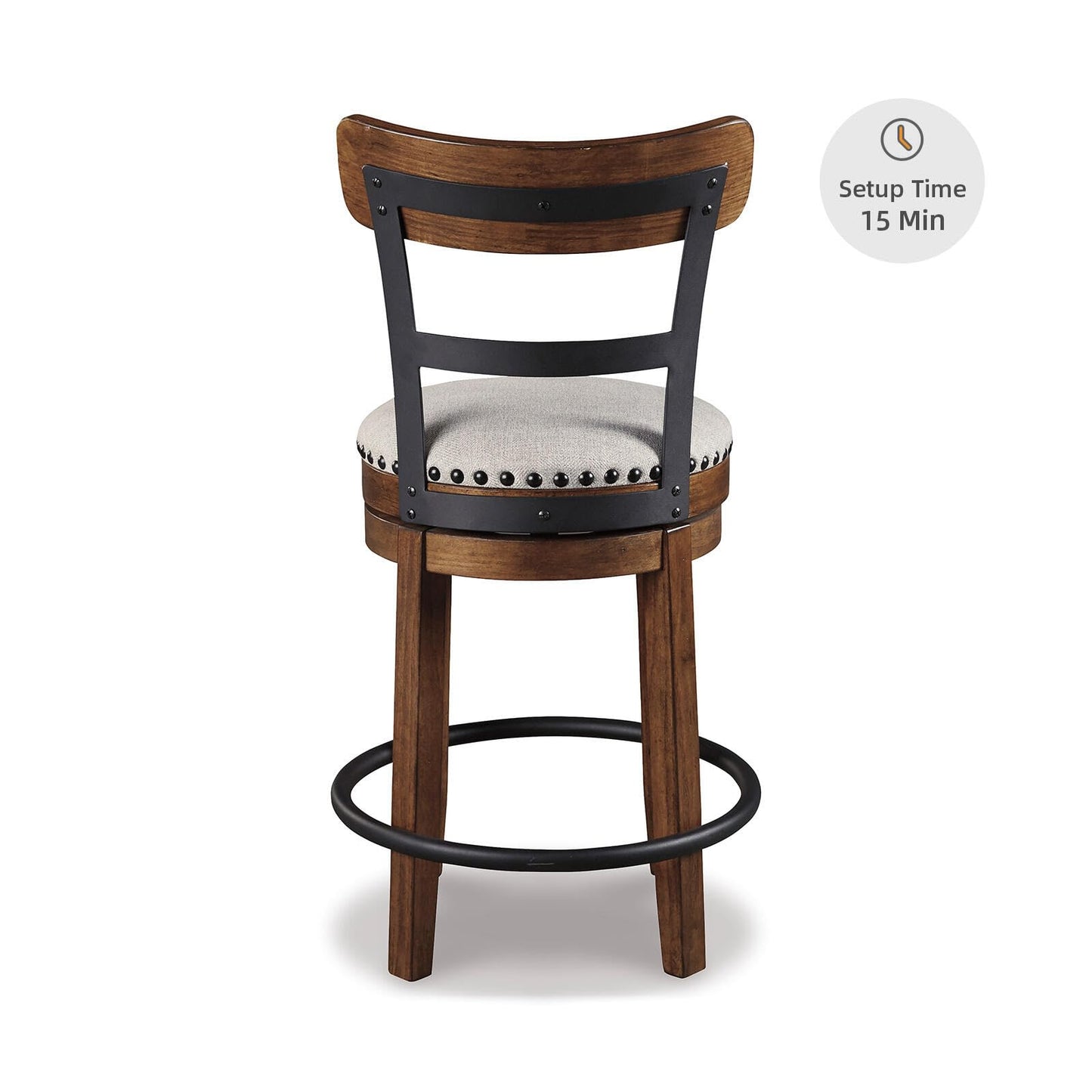 Signature Design by Ashley Valebeck Swivel Barstool With Back, Rustic-Industrial Wood and Metal, 360-Degree Swivel Counter Height Stool for Kitchen Island Seating, Linen Color