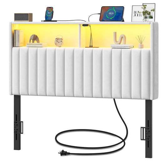 Rolanstar Headboard for Twin Size Bed with Storage, Head Board with USB & Type C Port, 60,000 DIY Color of LED Light, Velvet Upholstered, Height Adjustable, Sturdy, Easy Assembly, White