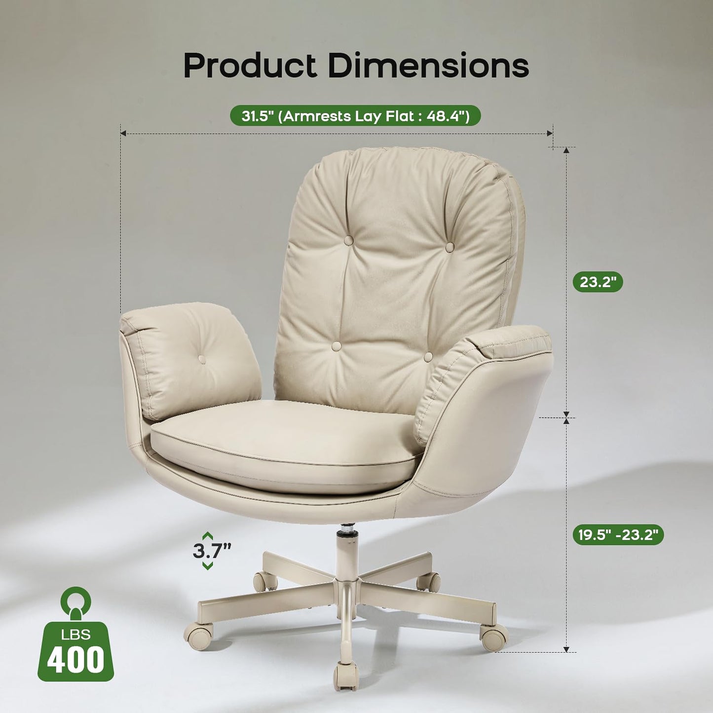 amseatec Criss Cross Chair with 5-Level Armrests — Self-Weight Recline with 90°/135° Lock, 400LBS Big and Tall Executive Office Chair, PU Leather Swivel Computer Desk Chair for Home Office (Cream)