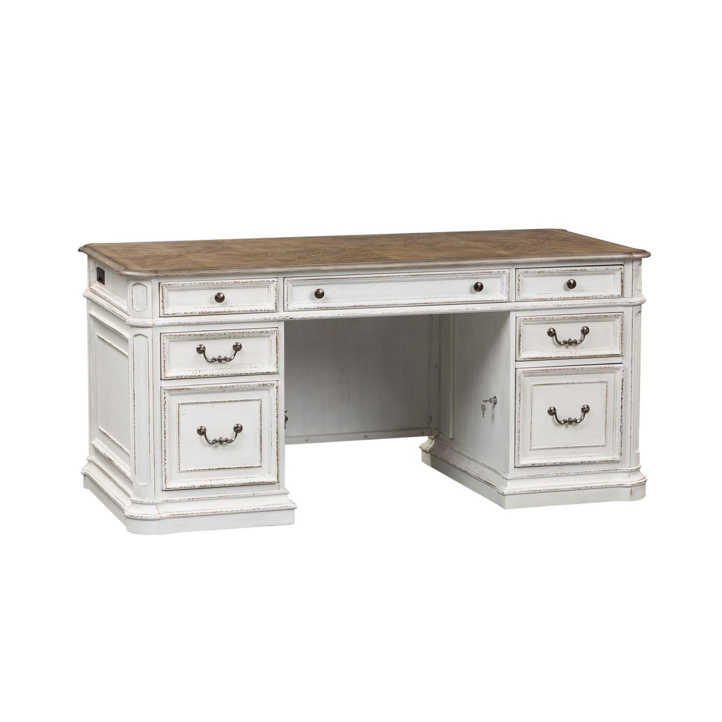 Liberty Furniture Magnolia Manor Credenza Desk & Hutch for Home Office - Antique White & Weathered Bark