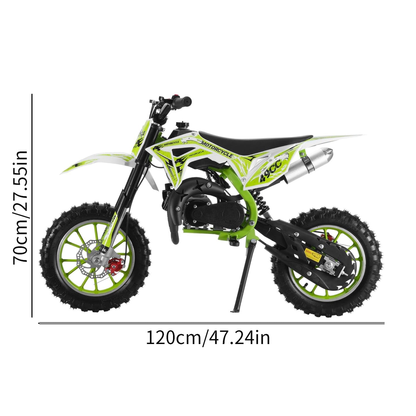 Upgraded 49cc Dirt Bike for Kids, Dirt Bikes 2-Stroke Dirtbike Dirtbikes motos, Gas Motorcycles with Front Rear Disc Brakes, Off-Road Tires, Shock Absorption, Soft Seat Cushion,40 MPH Green