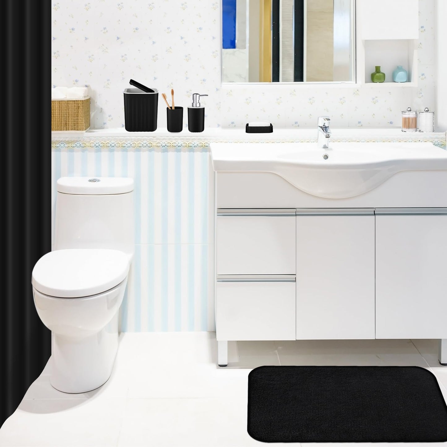 Hosuly 9 Pcs Bathroom Accessory Set Shower Curtain Set, Black