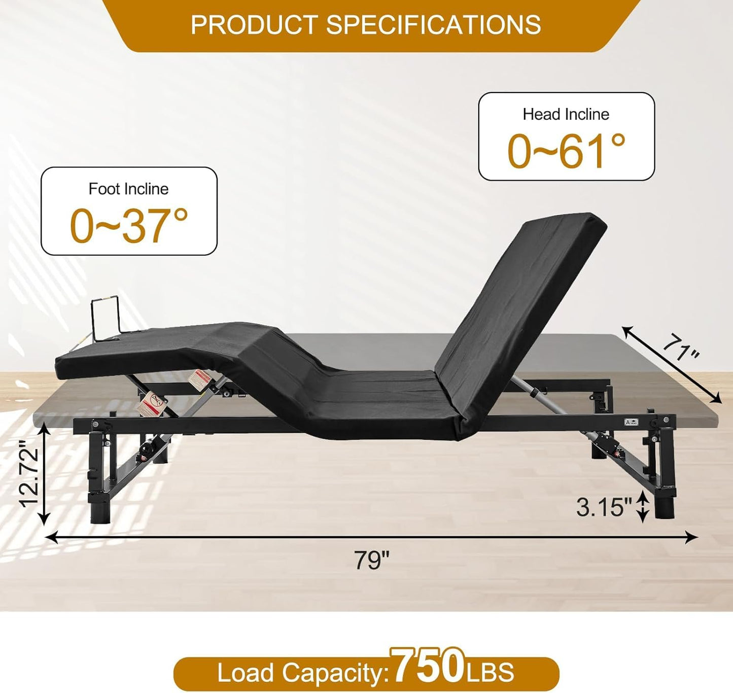 KEIKI King Adjustable Bed Frame with Remote, Head & Foot Incline, Zero Gravity, 4 USB Ports & Under-Bed Nightlight, Quiet Motor Base, Black