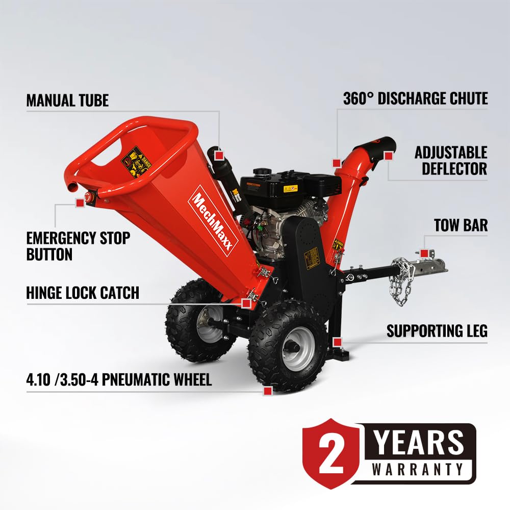 MechMaxx 4 inch DUCAR 212cc 7HP Gasoline Engine Powered Wood Chipper Shredder with Tow Bar, 4" Max Chipping Diameter Capacity, Emergency Stop Button, Model GS650