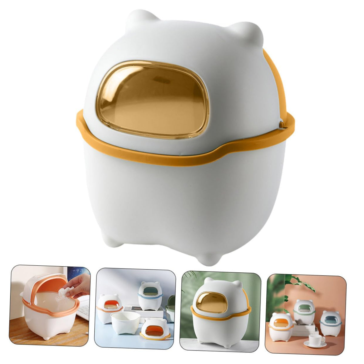 Yellow PP PET Mini Desktop Trash Can Cartoon Bear with Lid