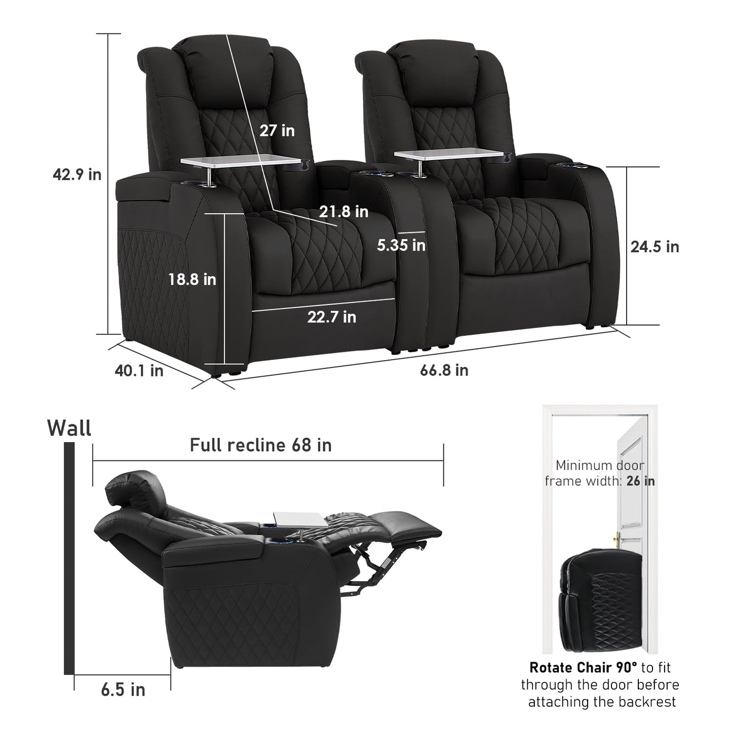 PBRO Home Theater Seating Genuine Leather Recliner Chair, Power Reclining & Headrest, USB A/C Charging Ports, Tray Table, Cup Holder Ambient Lighting Black 2 Set