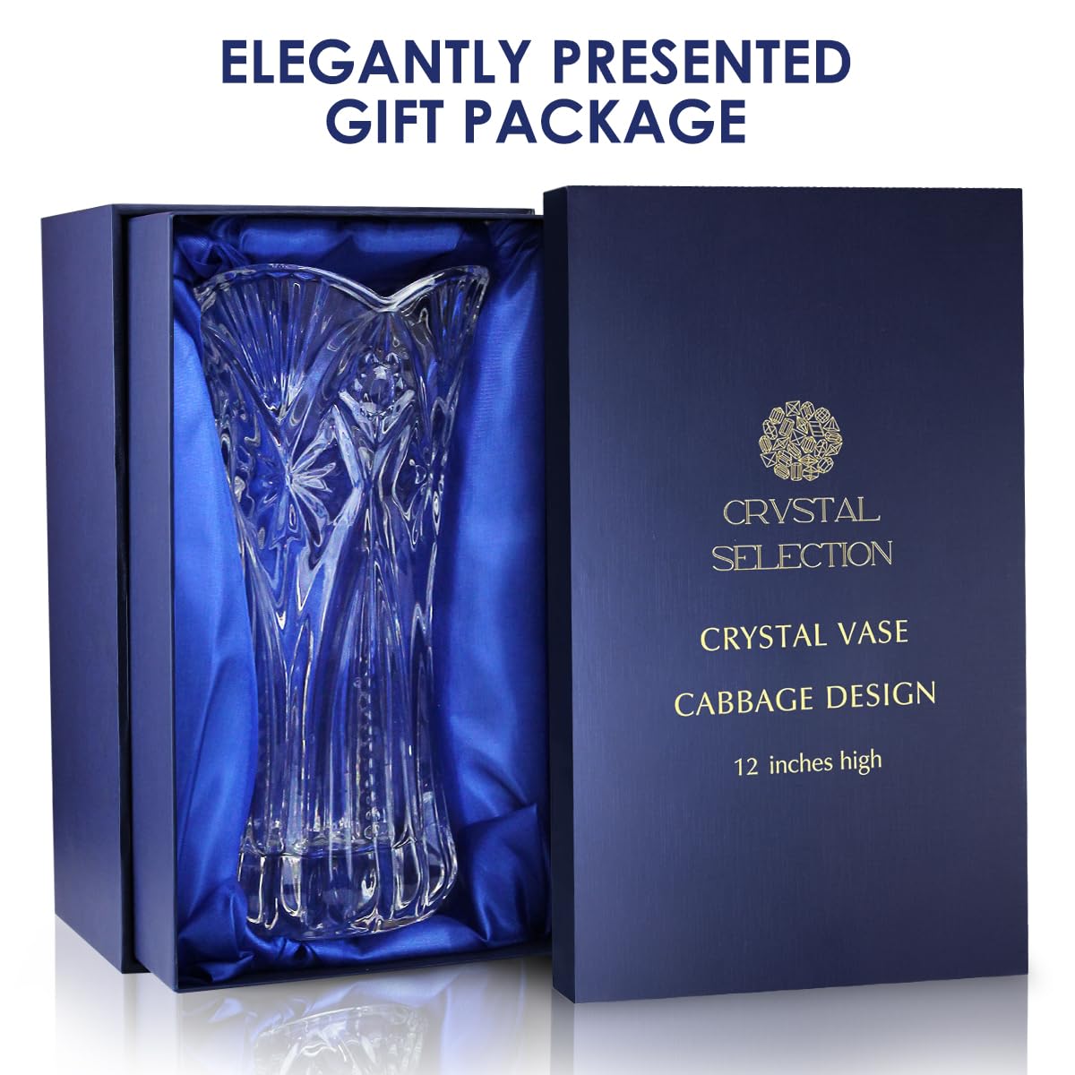 CS Crystal Vase 12-inch high, Cabbage Design, for Flowers & Decor. Lovely Nice Shiny Piece. Perfect as a Gift, Suitable for All Occasions