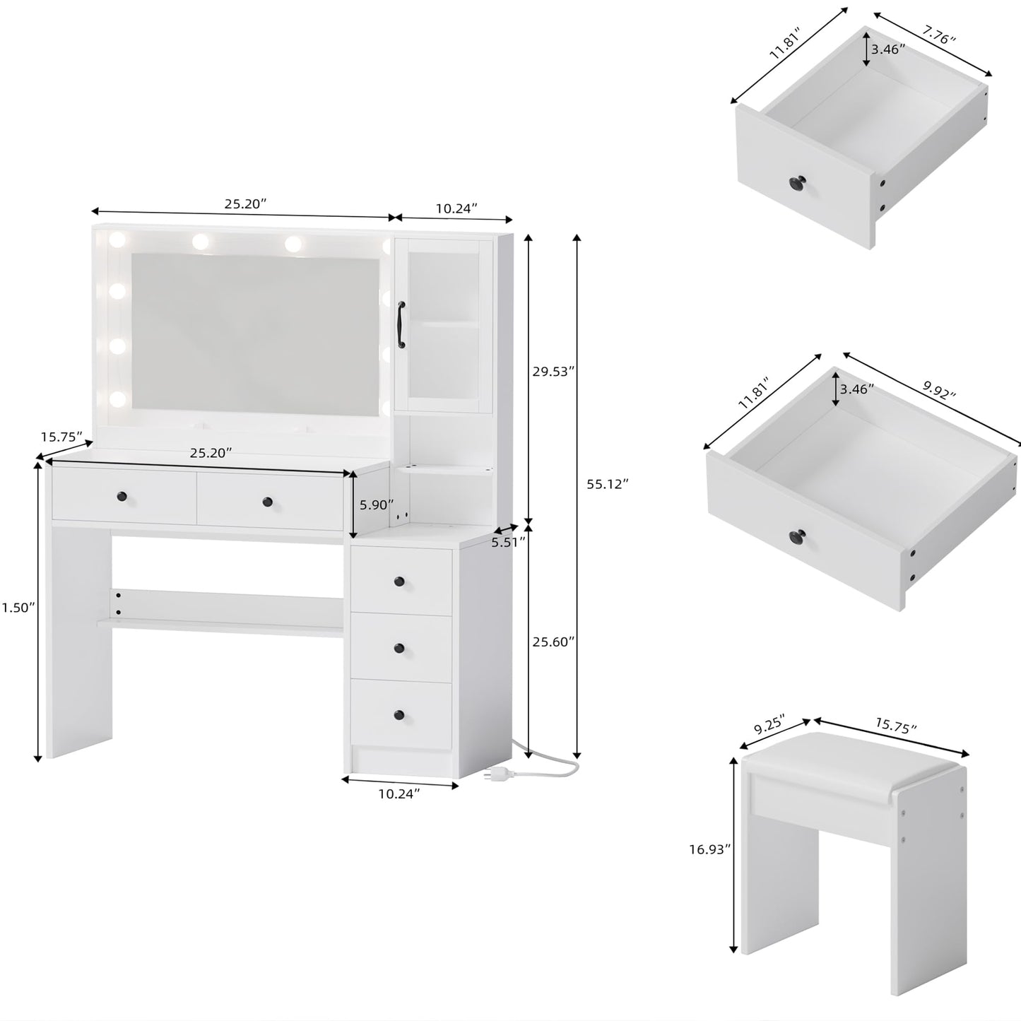 UGTOO White Vanity Table with Drawer Dresser, Farmhouse Vanity Makeup Desk with Charging Station, Vanity Desk with Lights Mirror & Drawers for Makeup, Vanity Desk with Storage Shelf & 5 Drawers