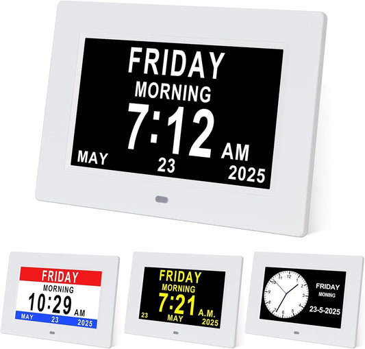 TMC Dementia Clocks for Seniors, Senior Clocks, Medicine Reminders with Alarms，Digital Clock for Bedroom, Entryway, Living Room, Study (7 inch White)