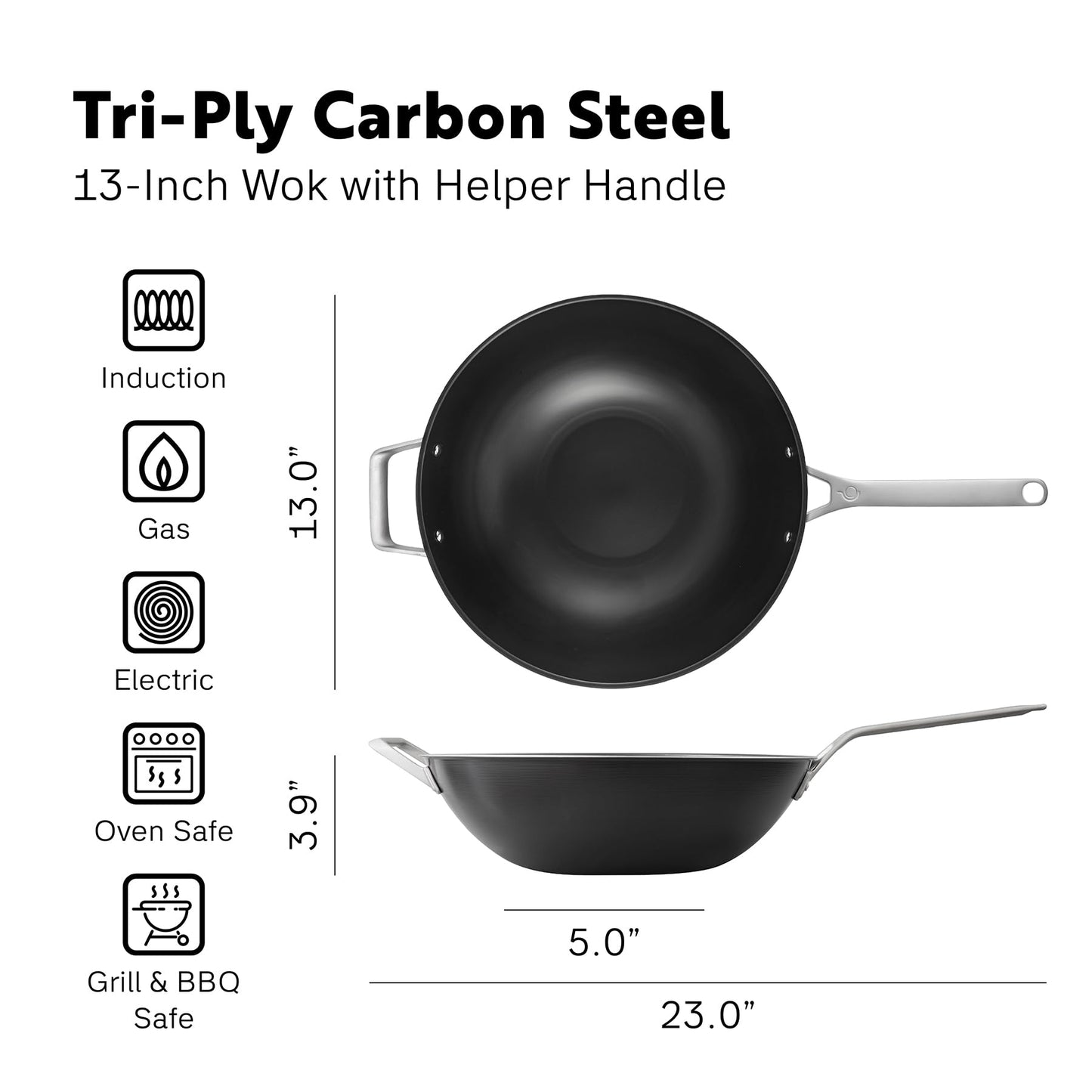 PROCASA 13 Inch Tri Ply Carbon Steel Wok Pan - Naturally Nonstick, Nitrided Carbon Steel - Lightweight, Non Toxic Cookware, No Coatings - Induction Wok, Oven, Outdoor Grill Cooking