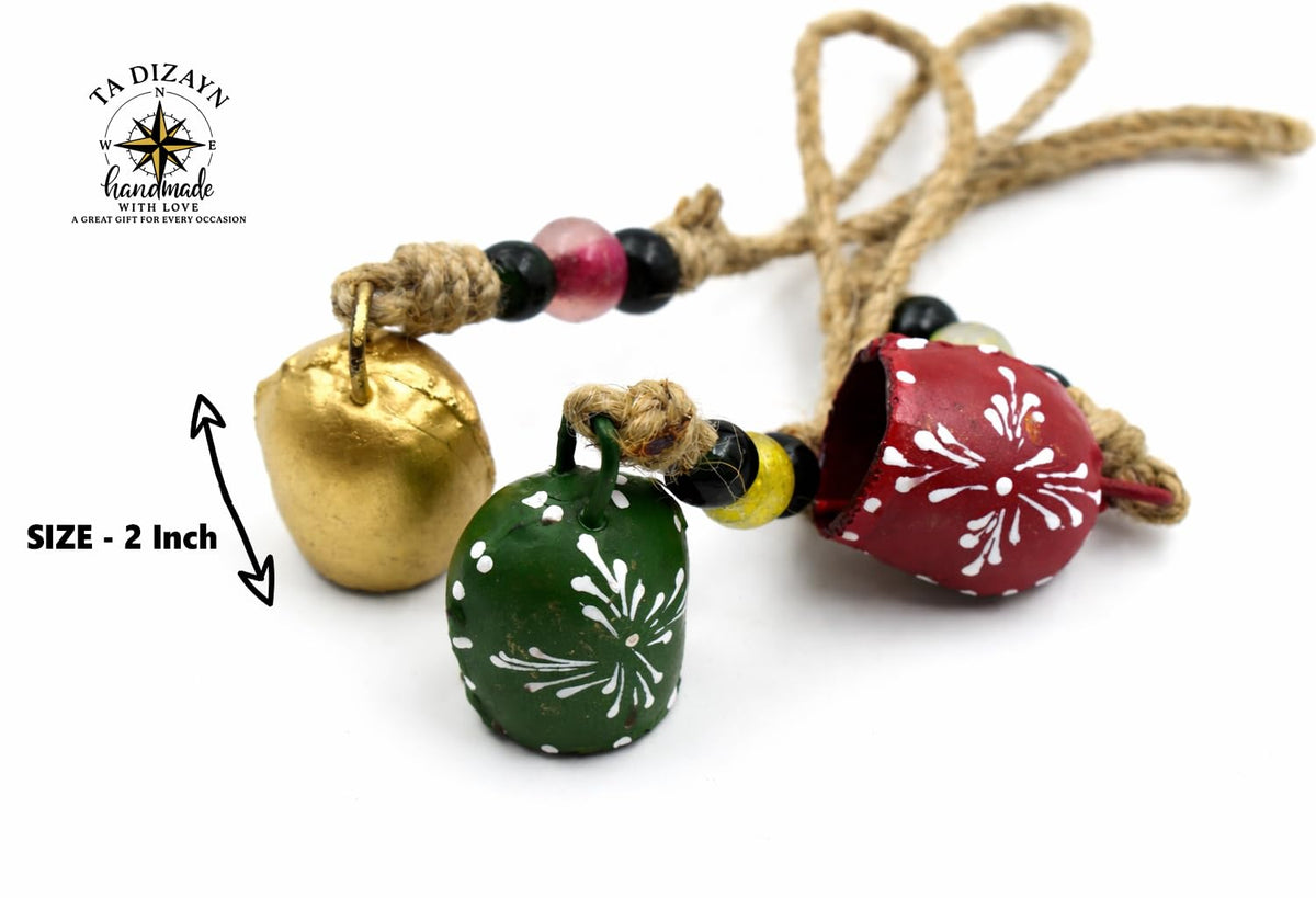 TA DIZAYN Handmade Decorative Bells, Gold Finish, Jute Rope, Rustic Style, Wall Hanging Decor, Door Knob, Wiccan Gifts for Home Wall Door (Beaded String Decorative Bells)