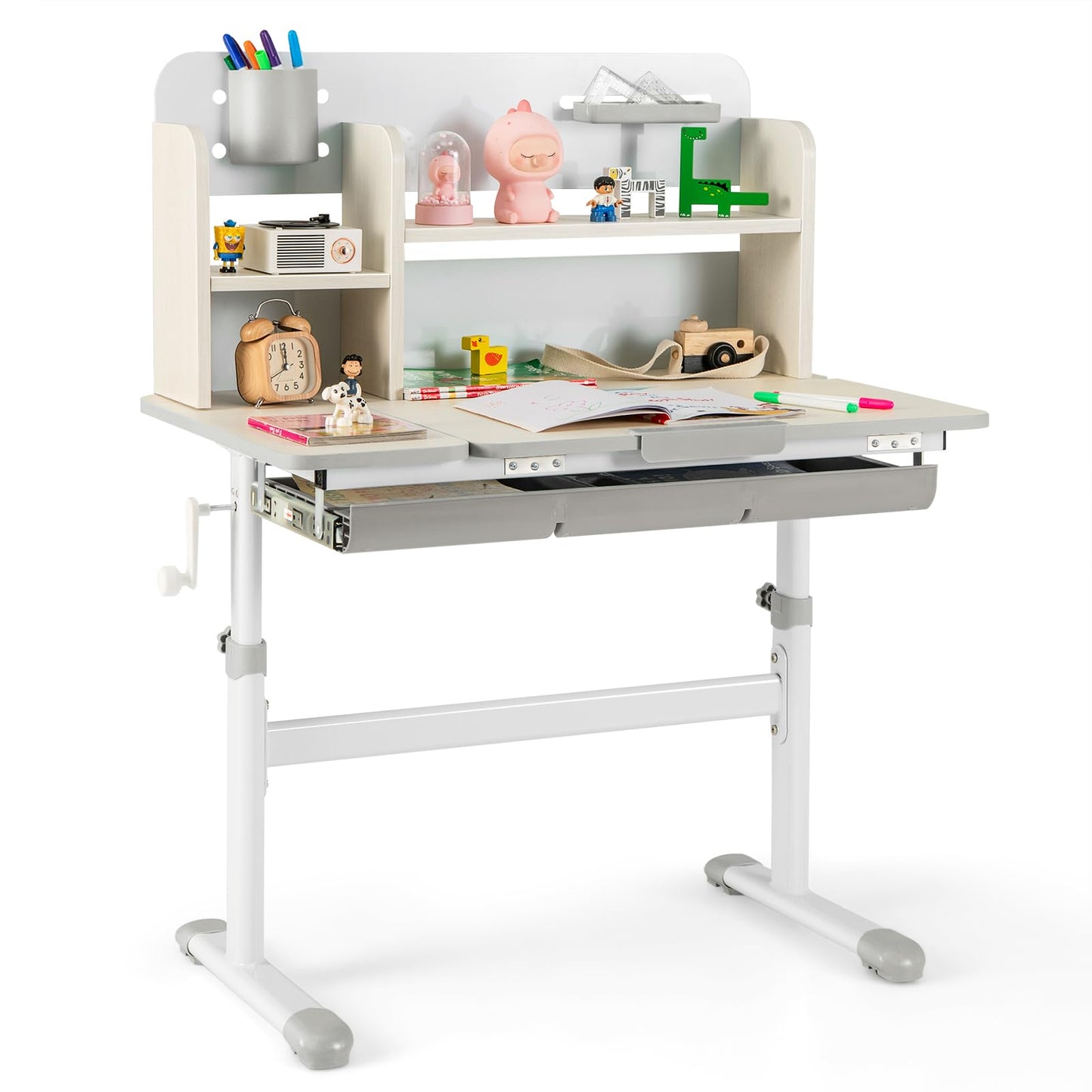 Costzon Kids Study Desk, Height Adjustable Children School Desk with Storage, Tilt Desktop, Pen Holder & Scale Ruler, Student Computer Desk Writing Table for Home School Use, Desk for Kids (Grey)