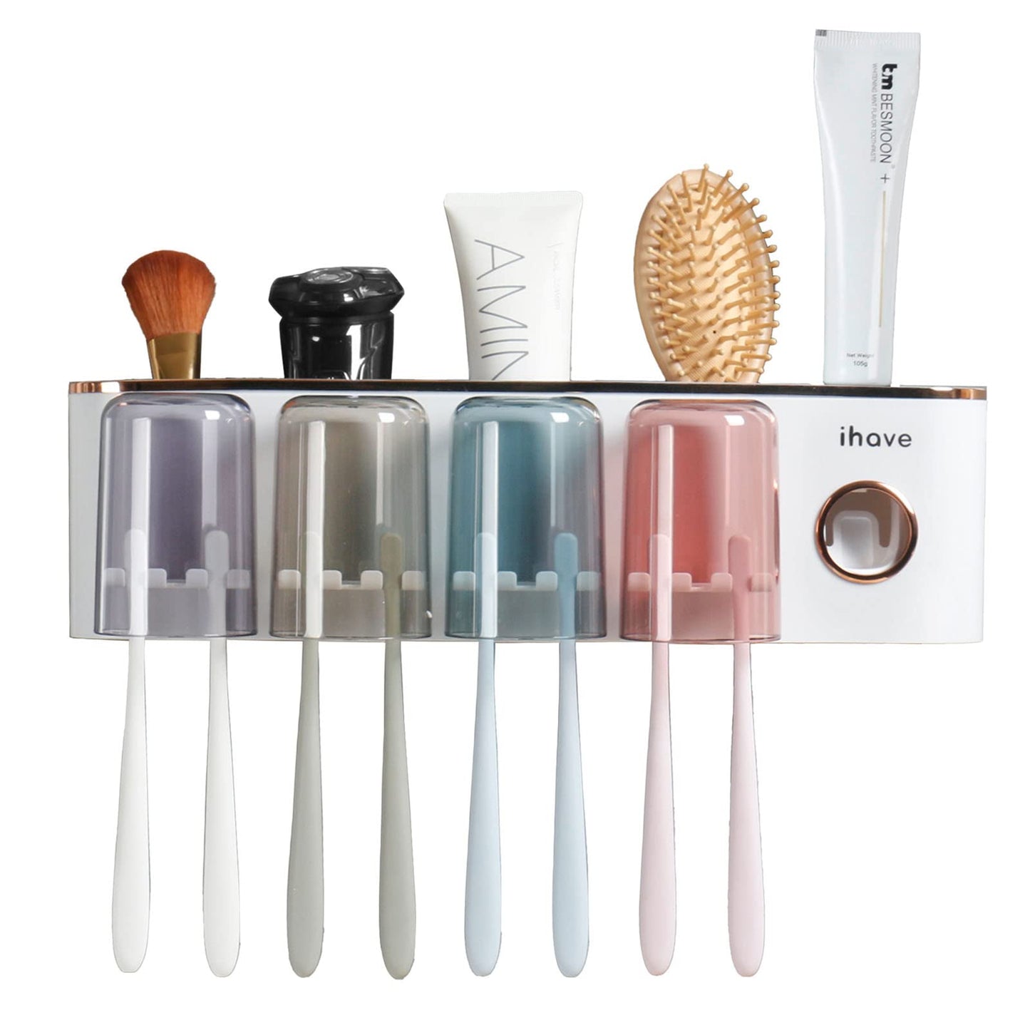 iHave Toothbrush Holders Bathroom Accessories with Toothpaste Dispenser, 4 Cups Toothbrush Holder Wall Mounted Bathroom Decor