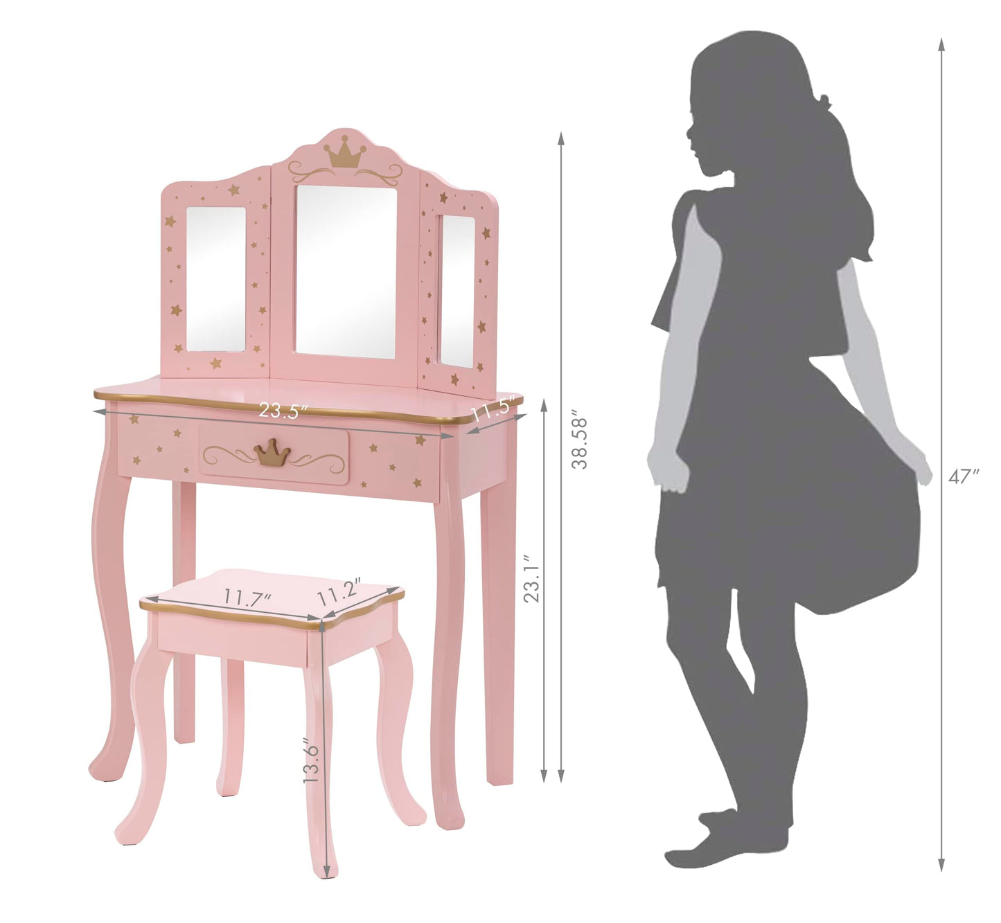 UTEX Kids Vanity Set with Mirror and Stool, Kids Make Up Vanity Desk with Mirrror for Little Girls, Children Makeup Dressing Table with Drawer, Pink