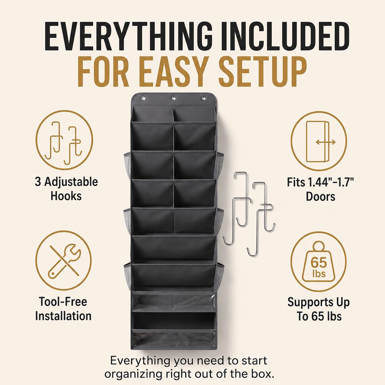 8 Tier Hanging Shoe Organizer – 100D Extra Thick Deep Pockets, Shoe Rack for Closet, Shoe Rack for Entryway, Over the Door Shoe Organizer for Closet with 6 Side Pockets for Boots (Dark Gray)