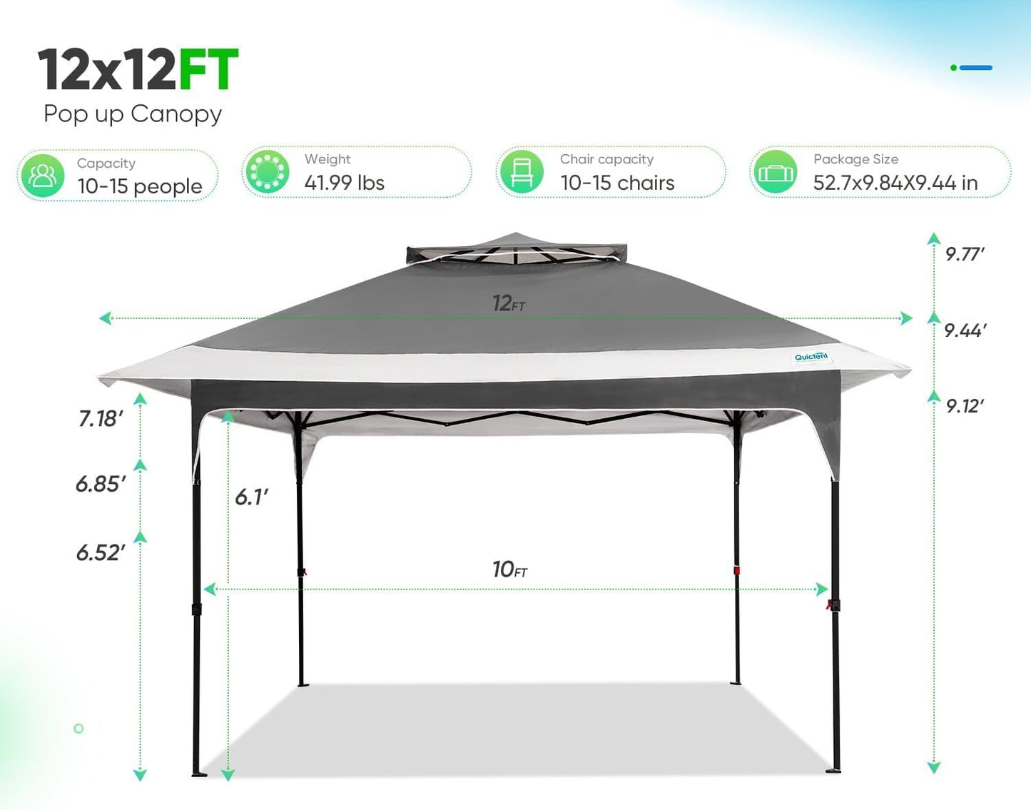 Quictent 12'x12' Pop up Gazebo Canopy Tent, One Person Set up Portable Instant Folding Shelter, Outdoor Canopy Tent with Extra Shade for Backyard, Patio, Party