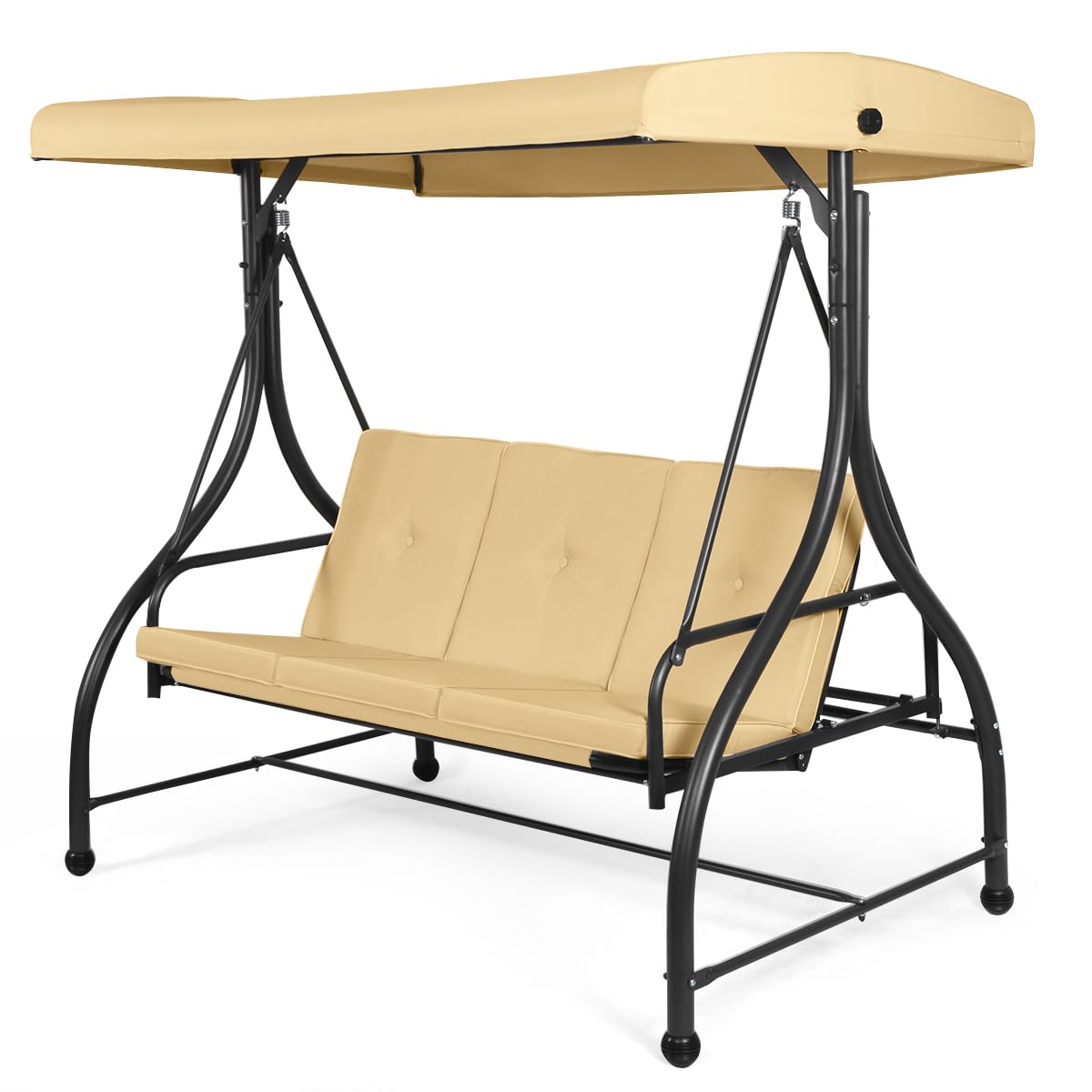 Tangkula 3 Seats Converting Patio Swing, Outdoor Porch Garden Canopy Swing with Comfortable Cushion Seats & Adjustable Tilt Canopy, Heavy Duty Hammock 3 Persons Porch Swing (Beige)