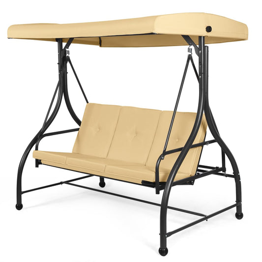 Tangkula 3 Seats Converting Patio Swing, Outdoor Porch Garden Canopy Swing with Comfortable Cushion Seats & Adjustable Tilt Canopy, Heavy Duty Hammock 3 Persons Porch Swing (Beige)