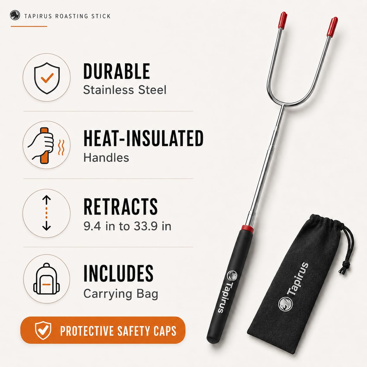 Tapirus Marshmallow Roasting Sticks | Set of 4 Extra Long Retractable Campfire Sticks | Protect Kids with Insulated Handles | Extendable Smore & Hot Dog Skewers | Heavy Duty Metal Camping Accessory