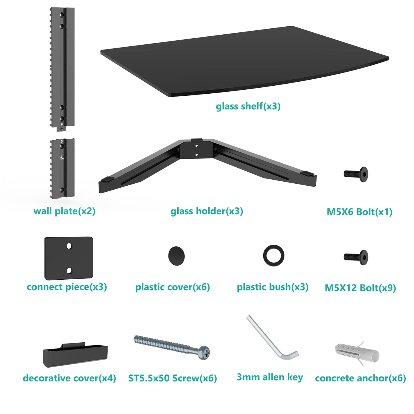 WALI 3 Tier Glass Floating TV Wall Shelf for Projector, DVD Players