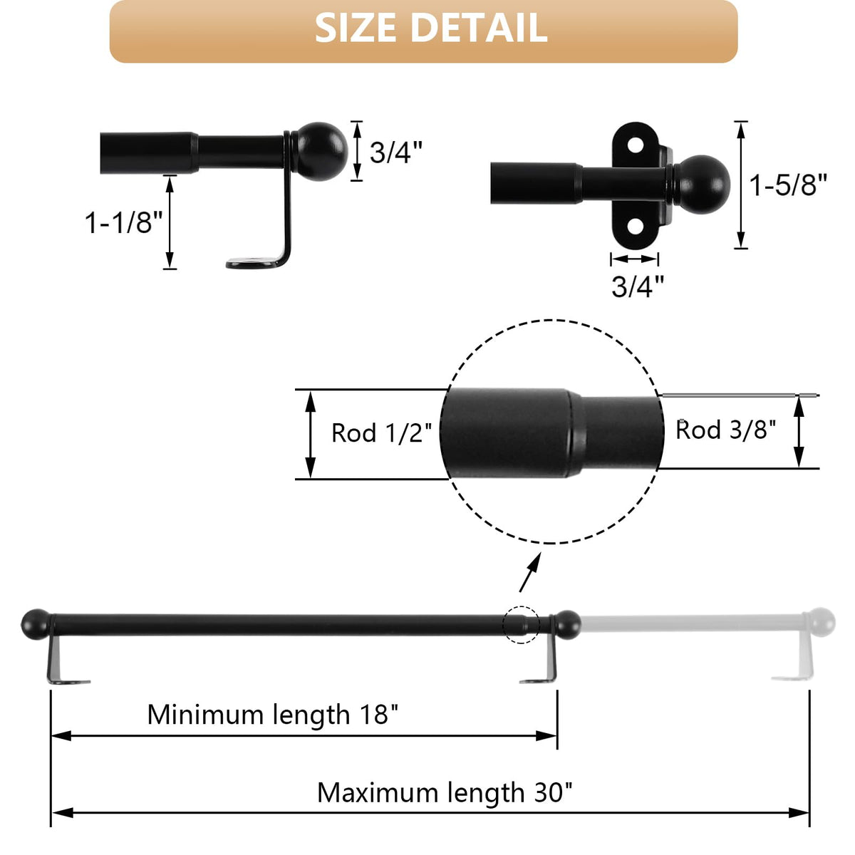DCHOME Cafe Curtain Rod 18-30 Inch, 1/2" Diameter, Door Curtain Rod, Black