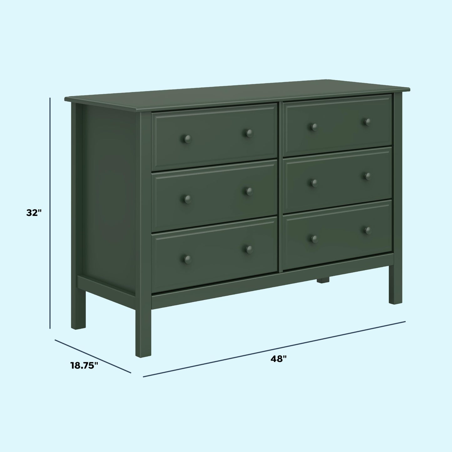 Jayden 6-Drawer Double Wide Dresser with 9+ inch Drawer Extension in Forest Green, Greenguard Gold Certified