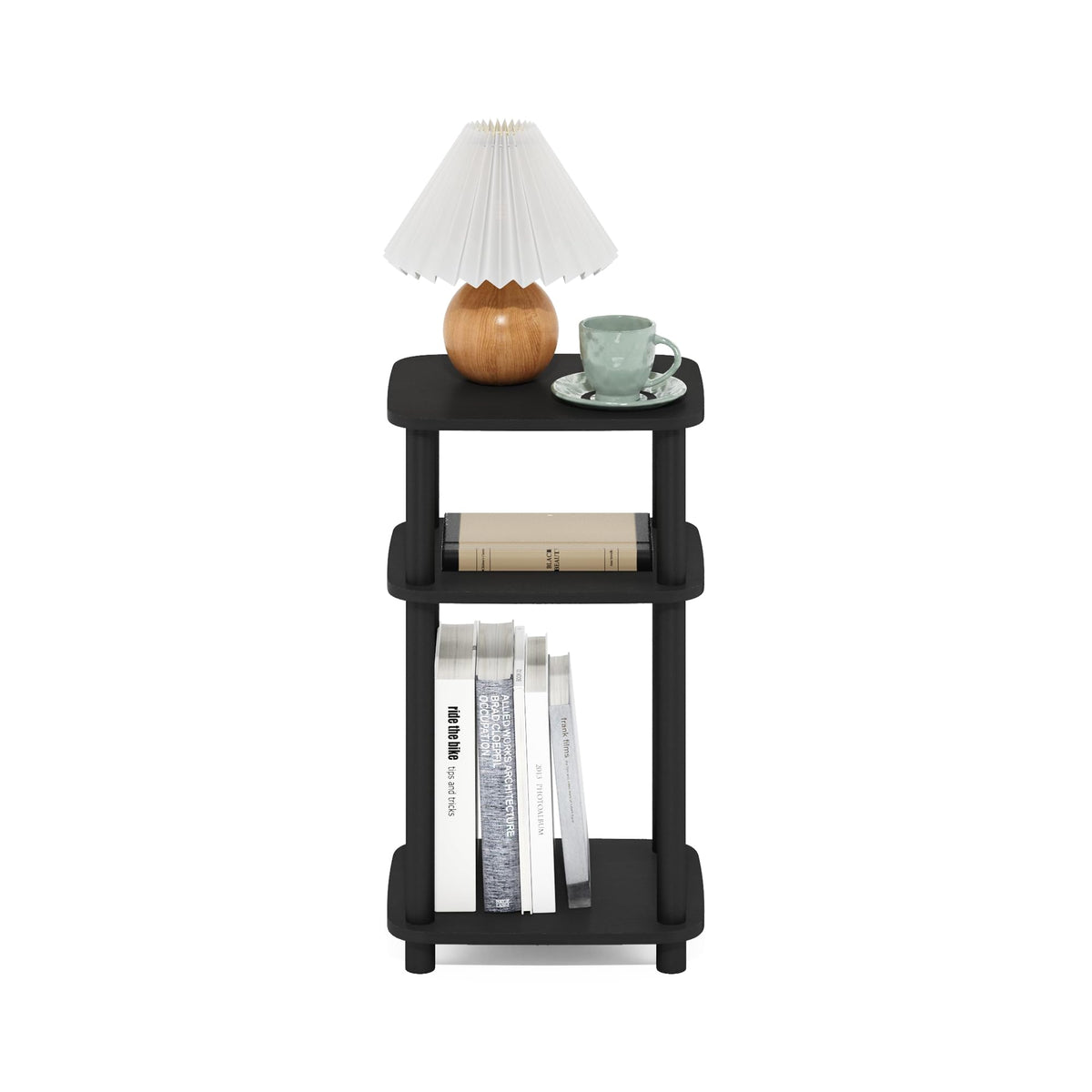 Furinno JUST 3-Tier Telephone Table, Turn-N-Tube Toolless Side Table with Open Shelf, Round Curve Corner Night Stand, Bedside Table, for Living Room, Bedroom, Americano
