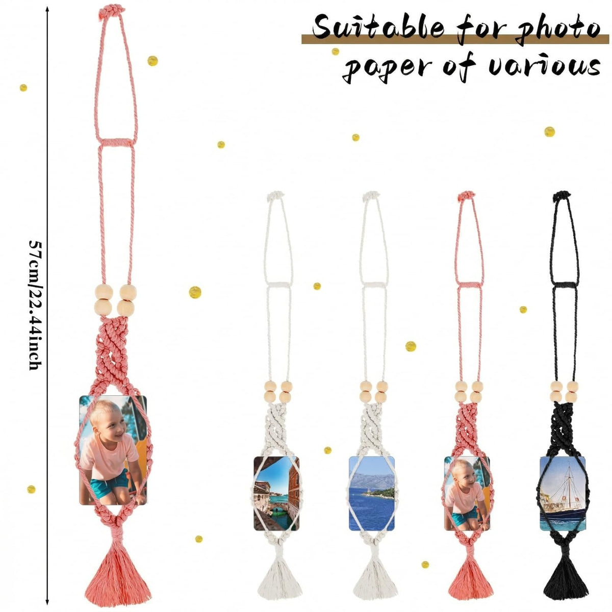 JenPen 4 Pcs Car Picture Hanger Frames Macrame Holder for Car Photo Display Bohemian Hanging Accessories Rearview Mirror Pendant Ornaments Boho Wall Decor