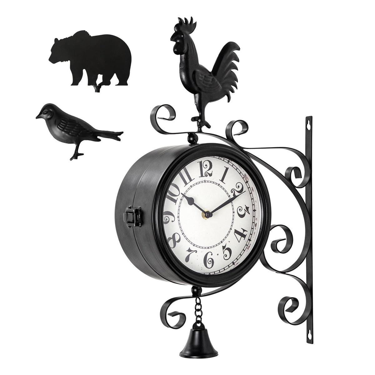 MACVAD Double-Sided Outdoor Wall Clock with Interchangeable Rooster, Bird & Bear Topper, 360° Rotating Iron Hanging Clock, Silent Non-Ticking Quartz Movement, Rustic Farmhouse Porch Garden Decor