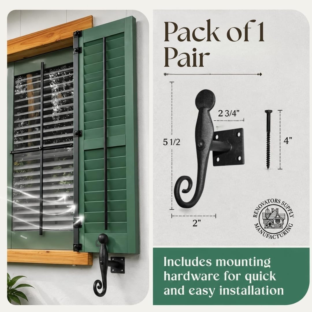 Renovators Supply Manufacturing Black Shutter Dogs 5.5 In Rat Tail Shaped Wrought Iron Shutter Dog Pair With Mounting Hardware Pack Of 3