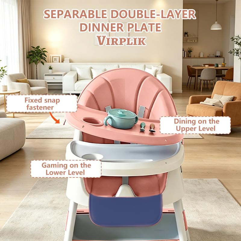 Foldable 4-in-1 Baby High Chair for Babies & Toddlers, High Chair with Detachable PU Cushion, Removable Tray, Adjustable Height, Locking Wheels,Pink