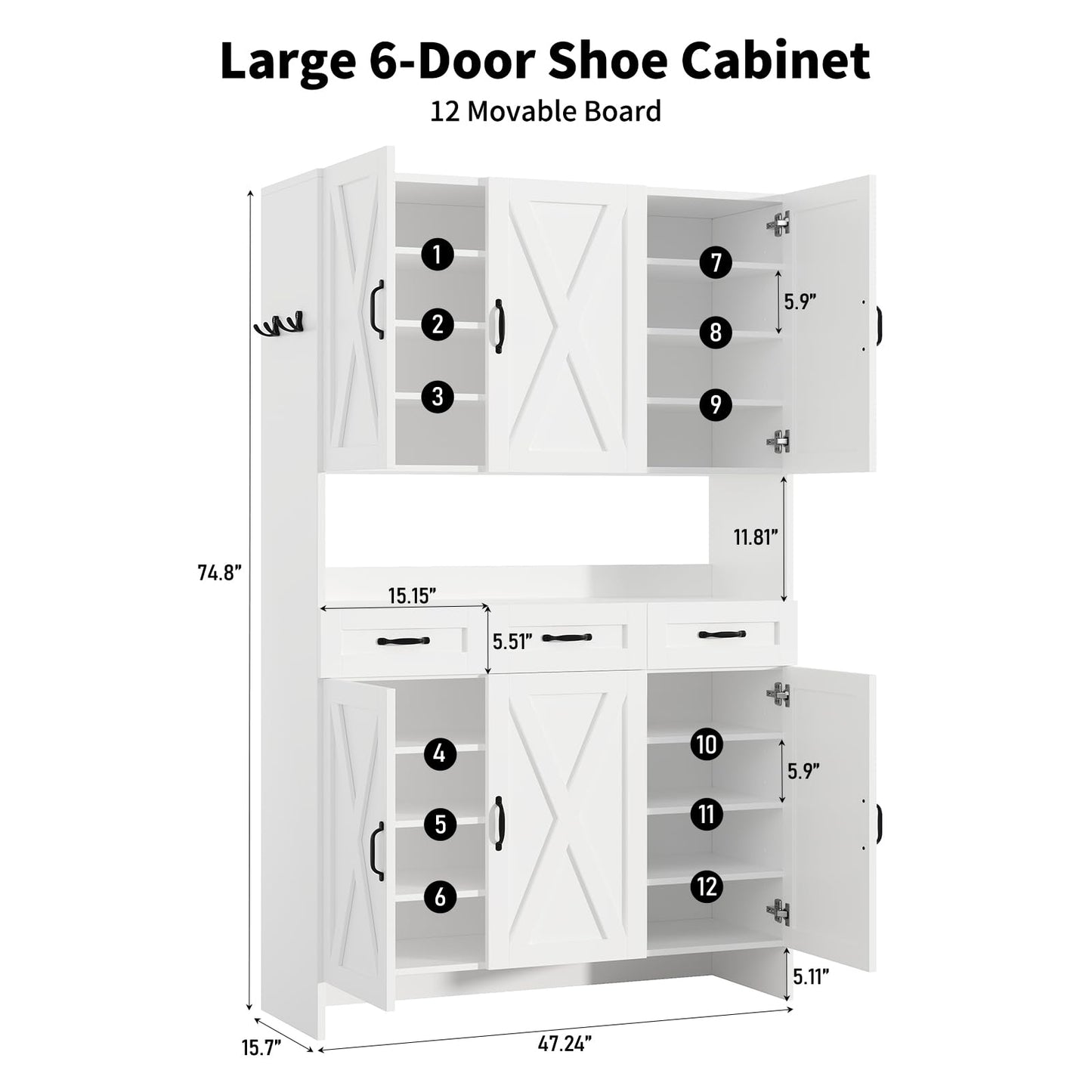 Tall Shoe Cabinet with 5 Tiers, 3 Drawers & 6 Barn Doors, Farmhouse Shoe Rack Organizer, Adjustable Shelves, Solid Wood Legs, White, for Entryway