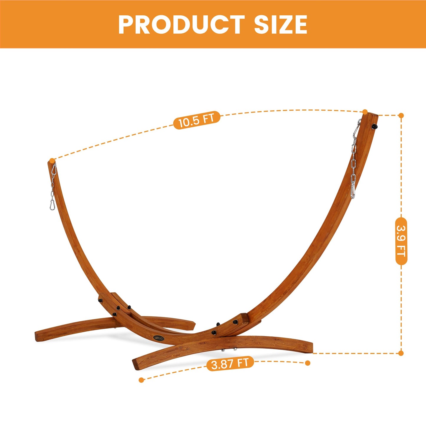 Lazy Daze Hammocks 10.5 FT Outdoor Arc Wood Hammock Stand, 2 Person Hard Pine Wood Hammock Stand with Carabiners and Chains for Outdoor Patio Garden Poolside, 300lb Capacity, Brown