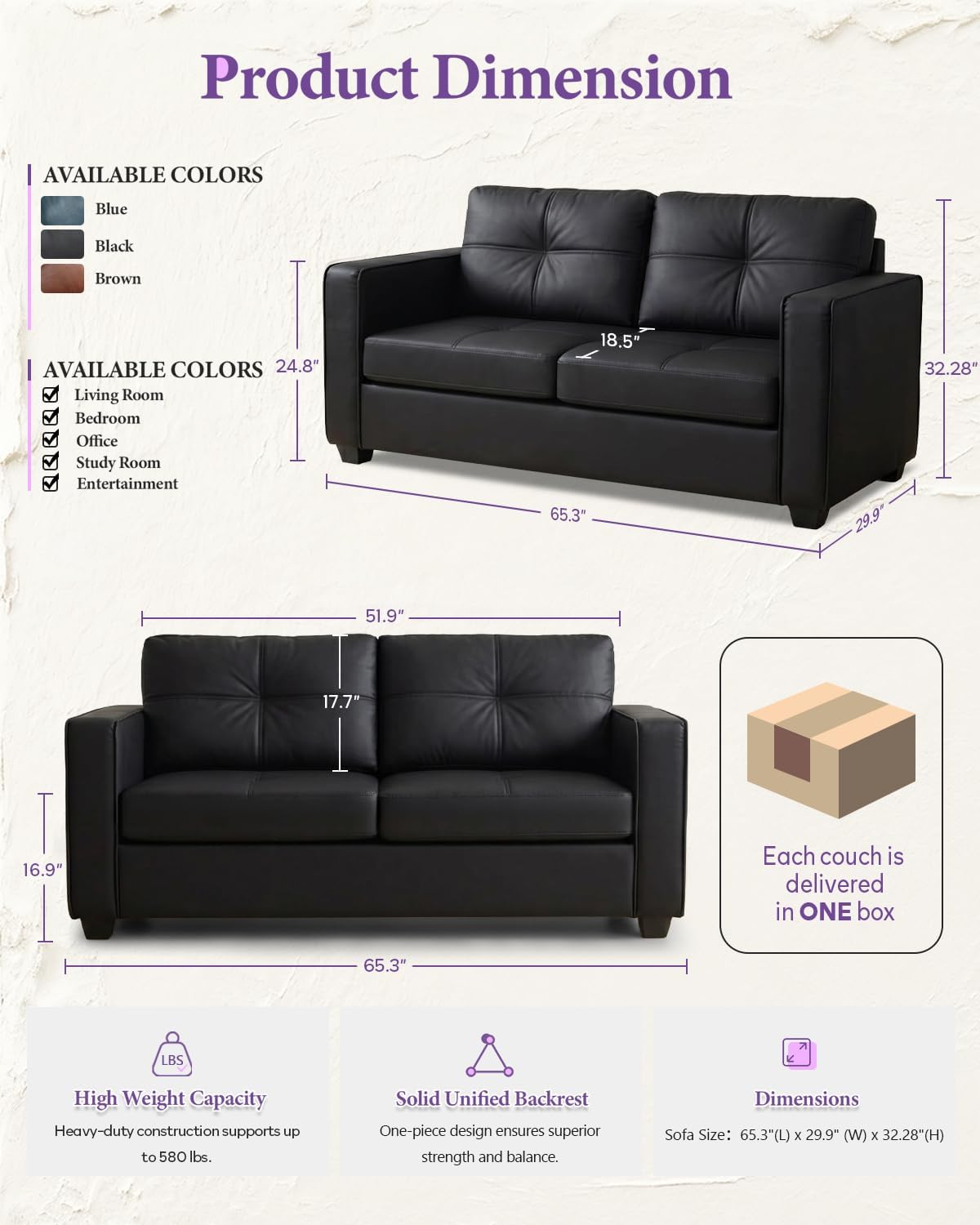 Black Faux Leather Sectional Couch, 3-Piece Sofa Set for Living Room