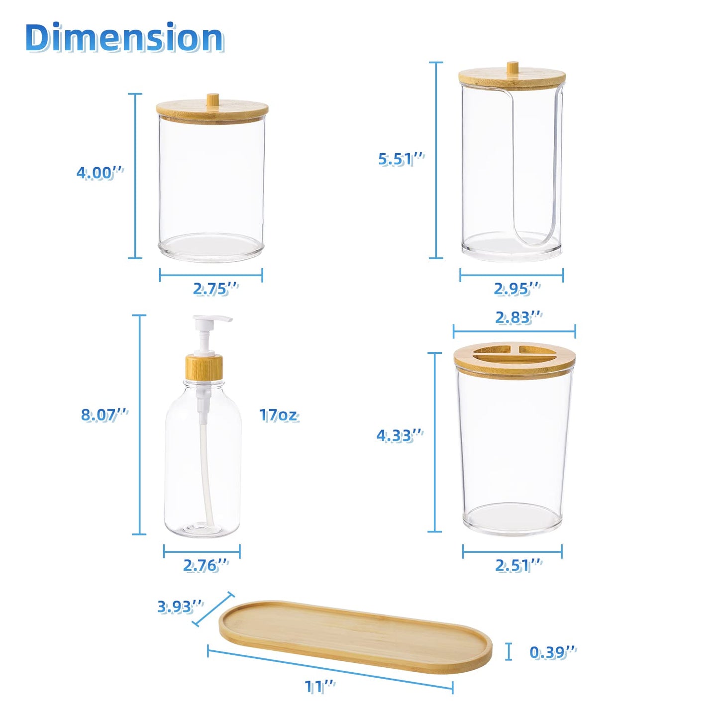VITVITI Bamboo Bathroom Accessory Set, Soap/Mouthwash Dispenser, Clear