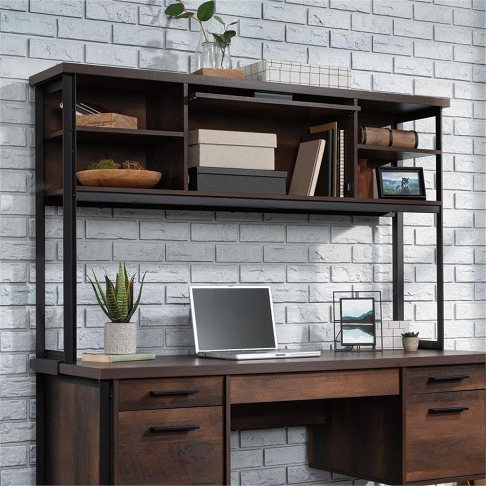 UrbanPro Engineered Wood and Metal Hutch, Barrel Oak Finish, 60 in Wide with Adjustable Shelves, Barrister-Style Door, Powder-Coated Frame, Durable Office or Home Storage