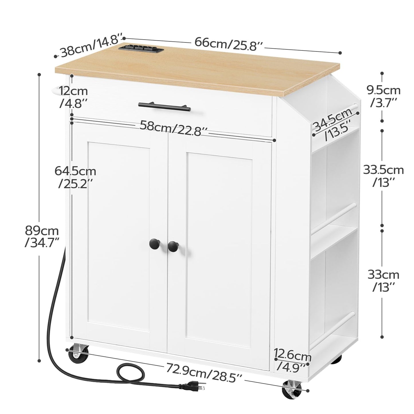 HOOBRO Kitchen Island with Power Outlet, Kitchen Storage Island with Spice Rack and Drawer, Rolling Kitchen on Wheels, for Home, Dining Room, Natural and White WN82UZD01G1