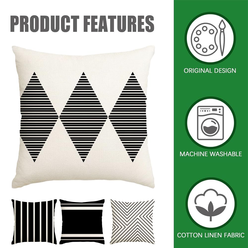 RABUSOFA Outdoor Pillows Waterproof,18x18 inch Black and White Throw Pillows Boho Set of 4 for Patio Furniture,Sunbrella Outdoor Pillow Covers for Couch(2W-18) (no Insert)