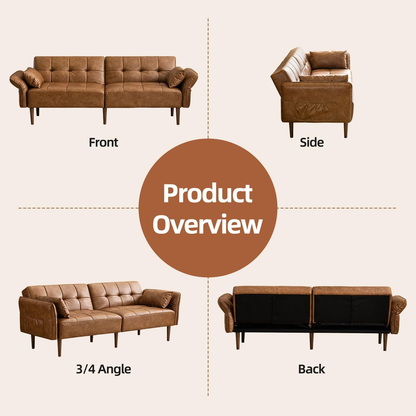 HALLYBEE 85” Futon Sofa Bed, Sleeper Sofa, Small Couch with Storage Adjustable Armrests Pillows, Faux Leather Loveseat, Mid Century Modern Couches for Living Room, Bedroom, Apartment, Brown