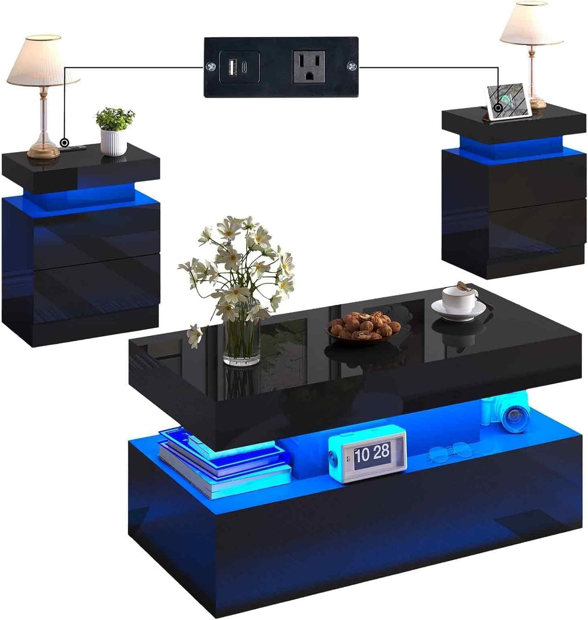 LUXOAK 3-Piece Modern Coffee Table Set with LED Lights