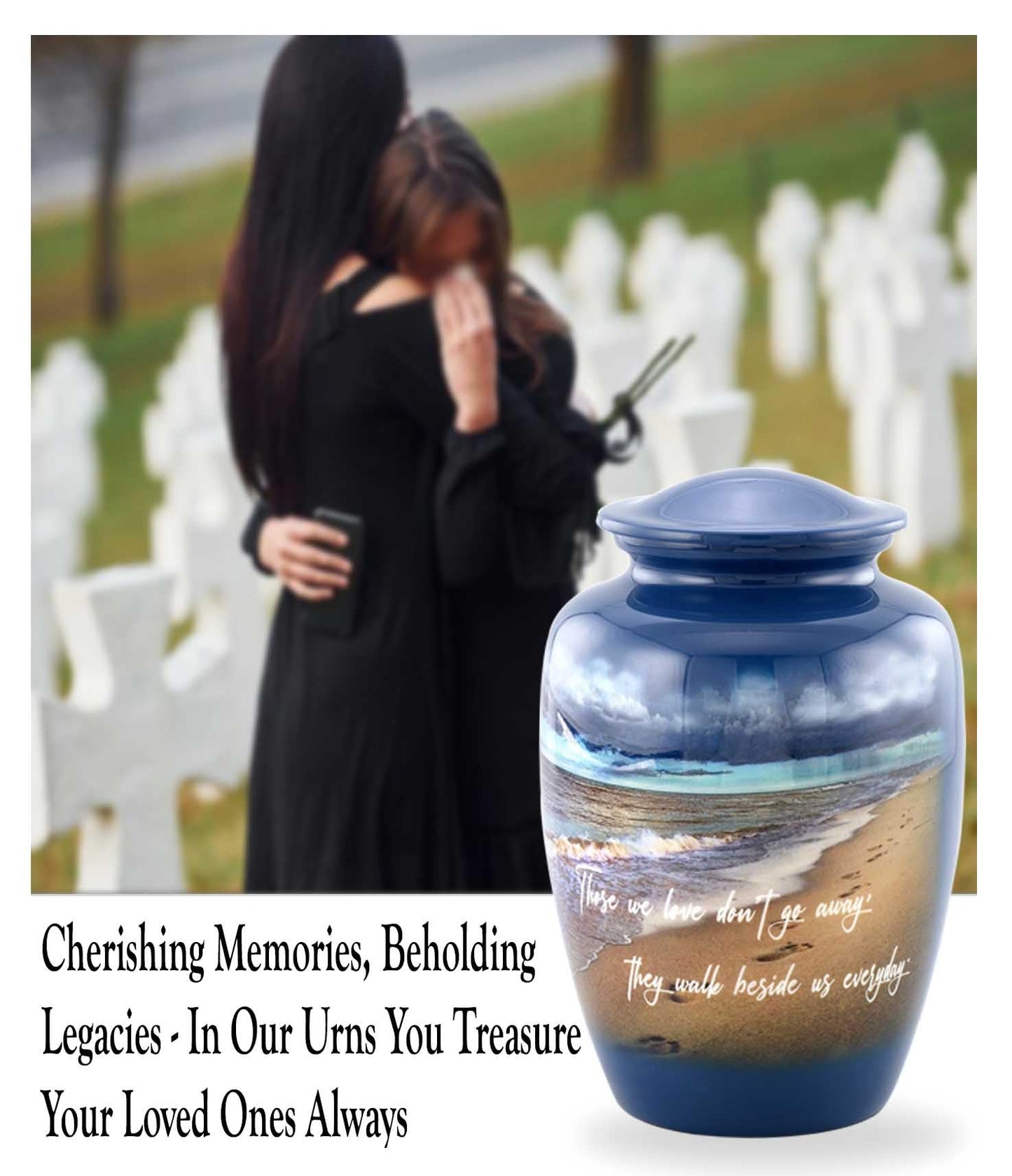 Footprints Cremation Urn - Ocean Blue Memorial Urn with Beach & Waves – Full-Size Handcrafted Metal Funeral Urns for Men & Women’s Ashes (Up to 210 lbs) – A Beautiful Tribute for Ocean Lovers