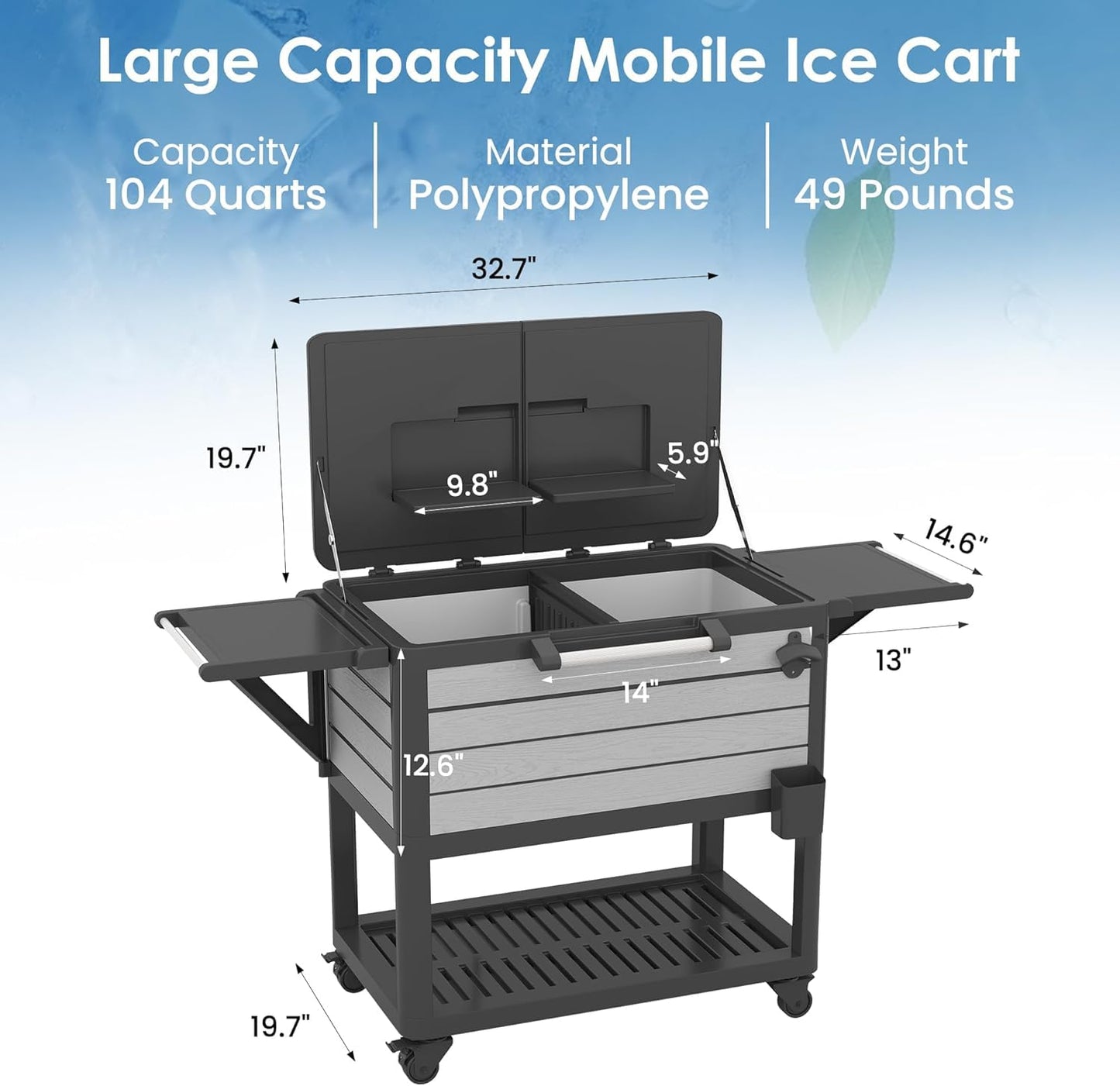 Patio Cooler with Wheels, 104 Qt Portable Rolling Ice Chest, Outdoor Beverage Bar Cart with Handles for Pool, Deck, BBQ, Cookouts Party-Grey