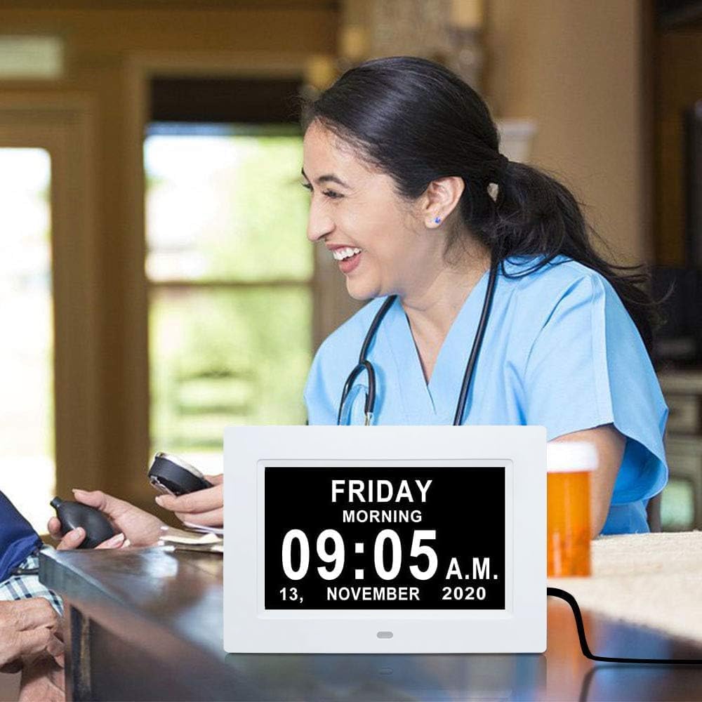 TMC Dementia Clocks for Seniors, Senior Clocks, Medicine Reminders with Alarms，Digital Clock for Bedroom, Entryway, Living Room, Study (7 inch White)