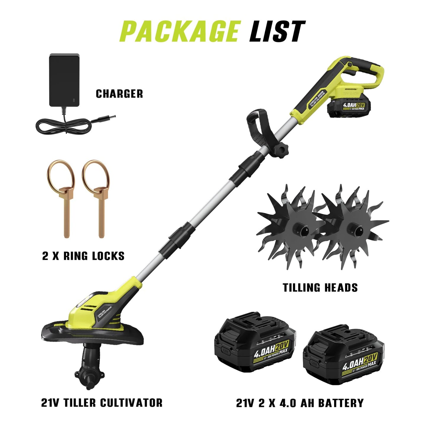 SEYVUM Cordless Tiller for Gardening, 20V 2 X 4.0Ah Battery Powered Cultivator, 9-in Tilling Width and 7-in Depth Electric Rototiller, 360 RPM Garden Tiller for Soil Cultivation