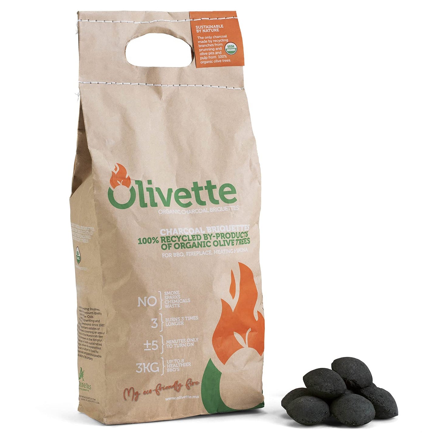 Organic Charcoal Briquettes by Olivette, Reusable Charcoal for Grilling, USDA Certified, Recycled Olive Tree Byproduct, Ready to Light BBQ Charcoal, 6.6 lb. Bag Equal to 20 lb. of a Regular Charcoal