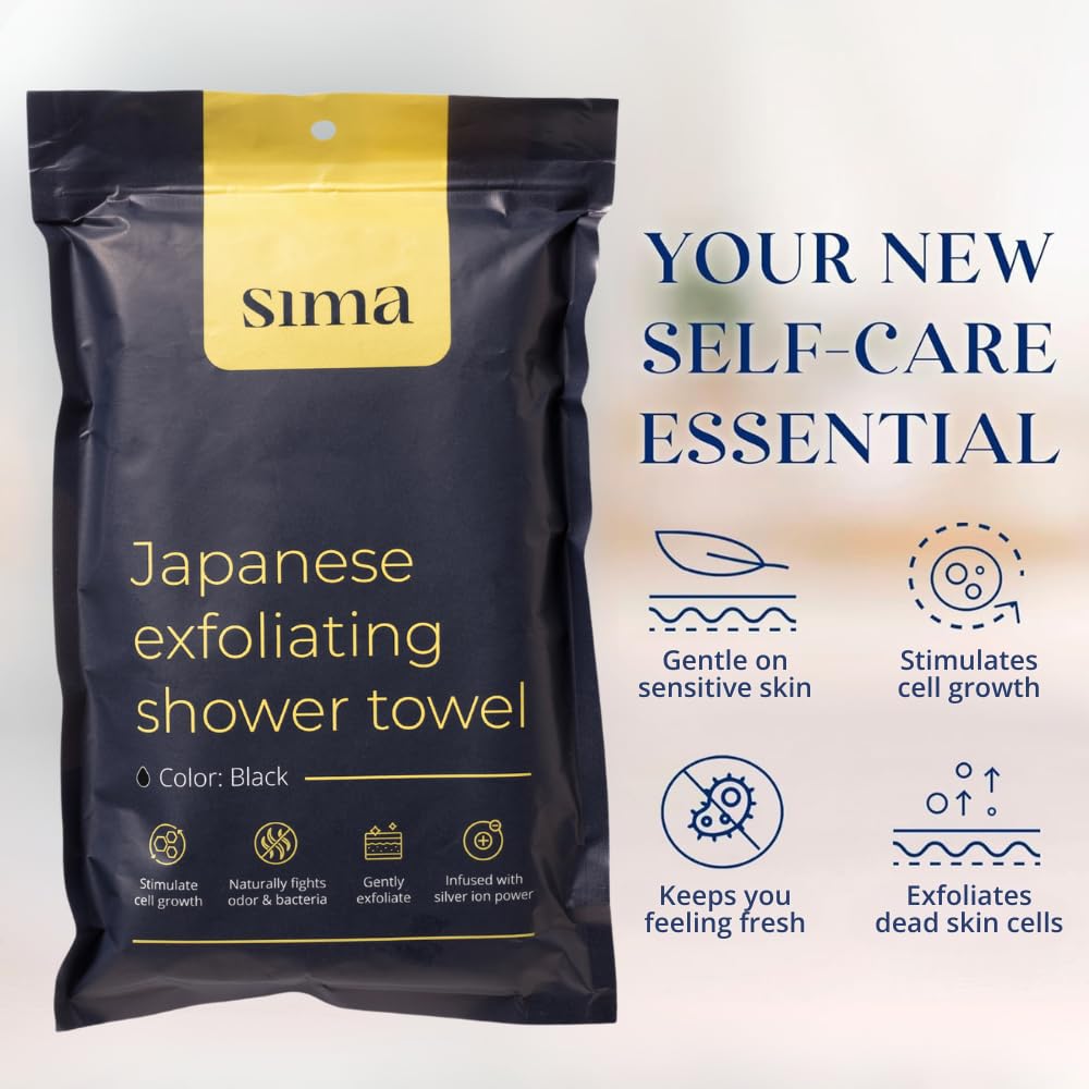 Sima Brand Exfoliating Washcloth Face & Body Scrub Towel - Japanese Exfoliating Towel with Hexagon Fibers, Body Scrubber with 2 Sides for Scrubbing & Washing, Extra Long Body Towels (Black)