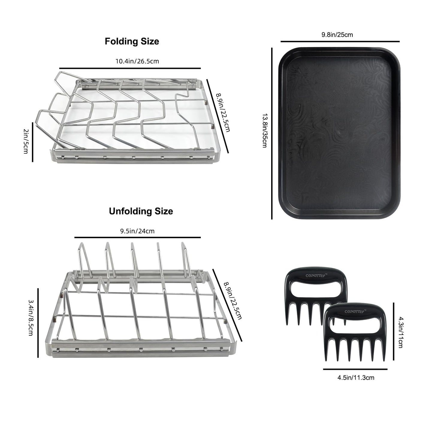 COPOTTEY Foldable Rib Rack for Smoking, Stainless Steel 10 in Rib Rack with 2 Meat Shredder Claws, and Black PP Tray, Perfect for Grilling, Smoking, and Serving, BBQ Accessories