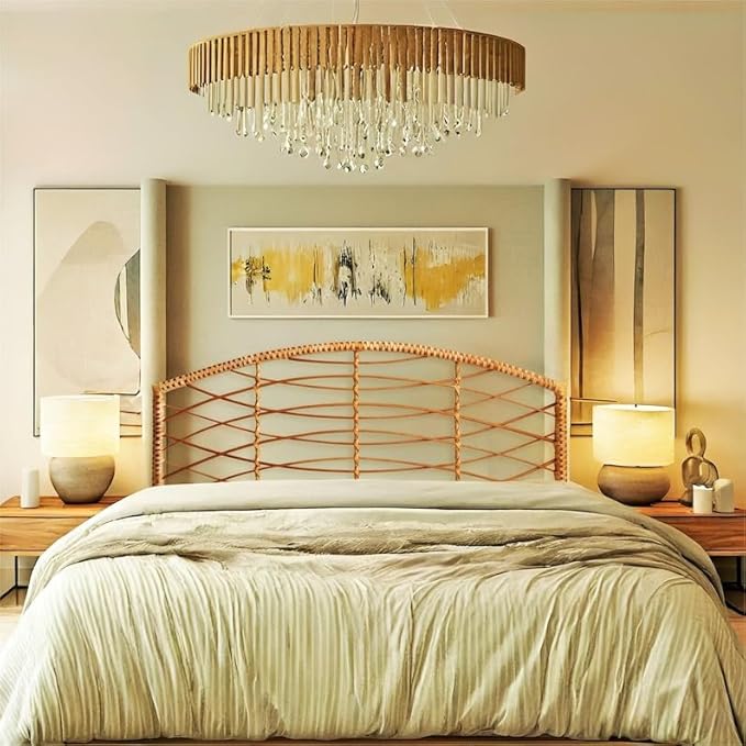 direfly Handwoven Rattan Headboard – Natural Wicker & Wood Frame